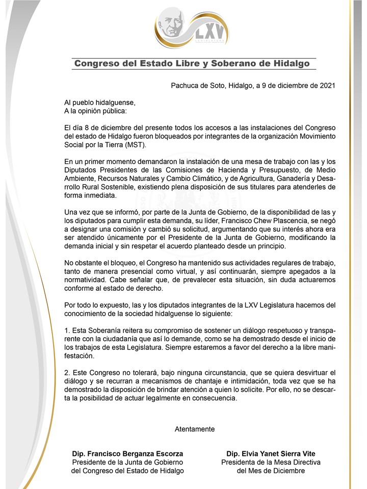 Congreso del Estado reitera su posición de diálogo y transparencia a ...